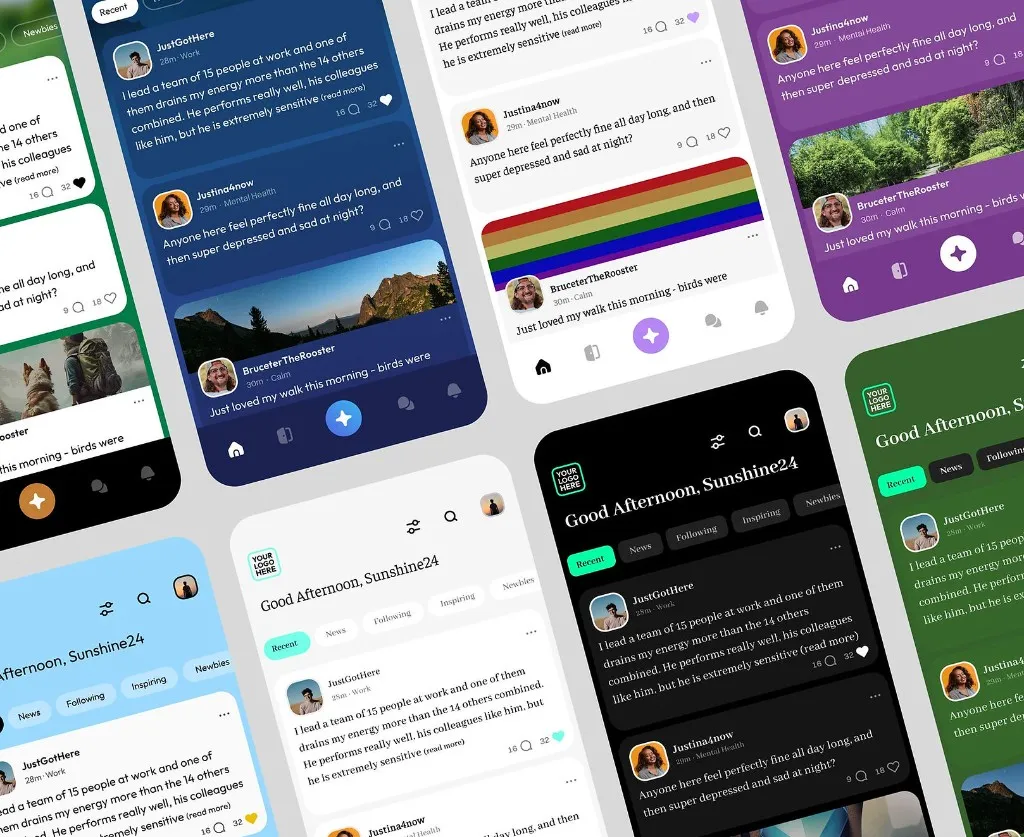 White-labelled TalkCampus app screens in multiple themes